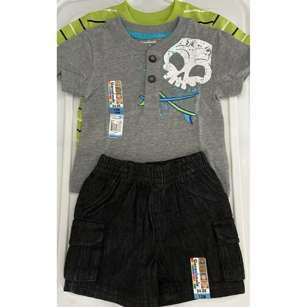 Garanimals 3 PC Green Gray Black Shirts Denim Shorts Boys Outfit Size 12 Months